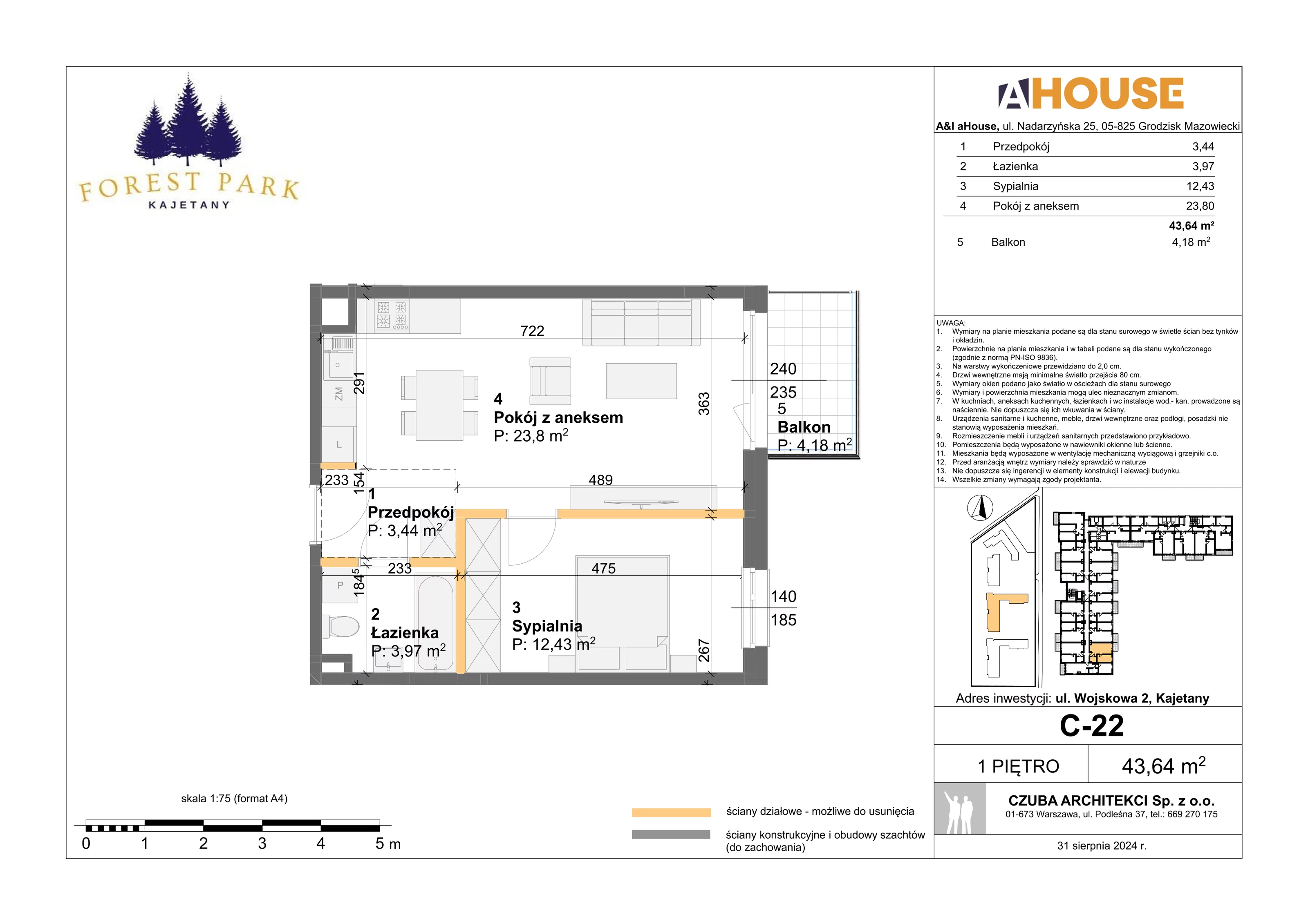2 pokoje, mieszkanie 43,64 m², piętro 1, oferta nr C-22, Forest Park Kajetany, Kajetany, ul. Wojskowa 2